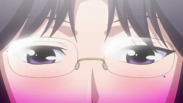 A close-up shot of a blushing anime girl with glasses and purple eyes looks toward the viewer with a dazed expression. Screenshot from Triple Ecchi - Episode 4