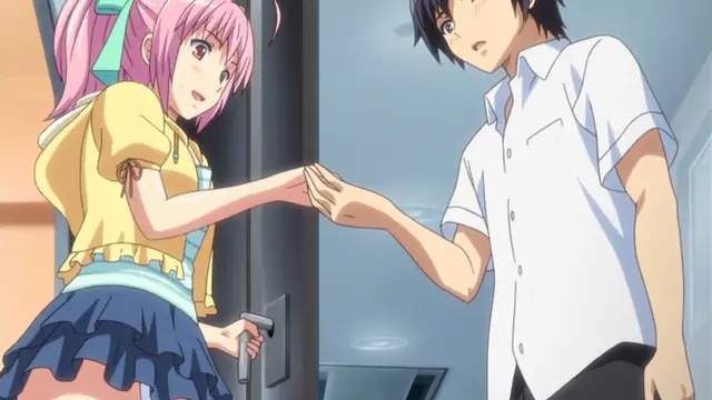 A pink-haired girl in a yellow top and blue skirt reaches out from behind a doorway to hold the hand of a black-haired boy in a white button-down shirt. Screenshot from Tropical Kiss - Episode 1
