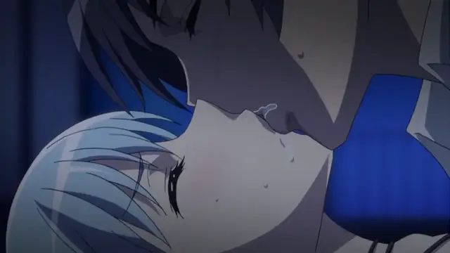 A close-up shot shows a man with dark hair pressing his lips against the neck of a light-haired woman who has closed eyes and a blushing face, while a thin strand of saliva drips from his mouth. Screenshot from Tropical Kiss - Episode 1