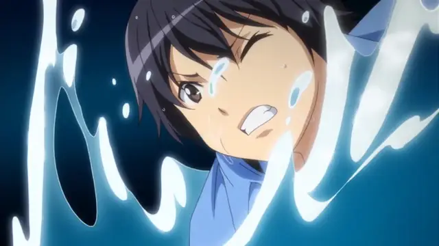 An anime girl with dark hair and a blue top gasps as she is submerged in water. Screenshot from Tropical Kiss - Episode 1