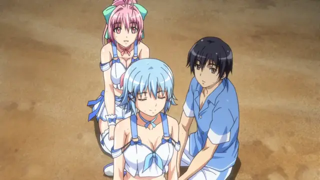 A girl with light blue hair and a white swimsuit sits on a beach with a boy in a blue shirt and another girl in a white swimsuit behind them. Screenshot from Tropical Kiss - Episode 1