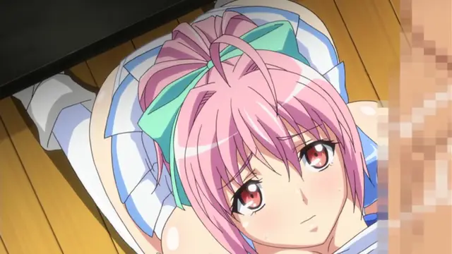 A close-up, high-angle shot shows a girl with pink hair and a green ribbon lying on a wooden floor while being penetrated from behind. Screenshot from Tropical Kiss - Episode 1