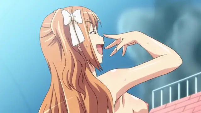 An anime girl with long ginger hair and a white ribbon in her hair is blushing and sweating while posing provocatively in a hot spring. Screenshot from Tropical Kiss - Episode 2