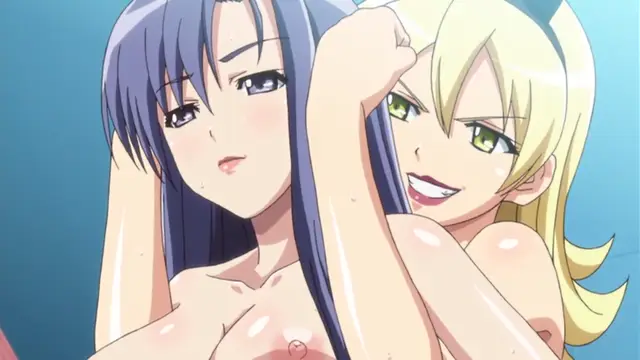 A blonde anime girl with a mischievous expression stands behind a long-haired blue-haired girl, who has a dazed expression while both are topless with their breasts exposed. Screenshot from Tropical Kiss - Episode 2