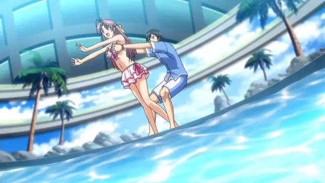 A girl in a pink bikini is being pulled into a swimming pool by a boy in blue shorts. Screenshot from Tropical Kiss - Episode 2
