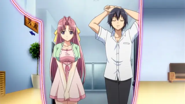 A pink-haired girl in a dress stands next to a blue-haired man with his hands behind his head in a hallway, framed by a glowing pink border. Screenshot from Tropical Kiss - Episode 2