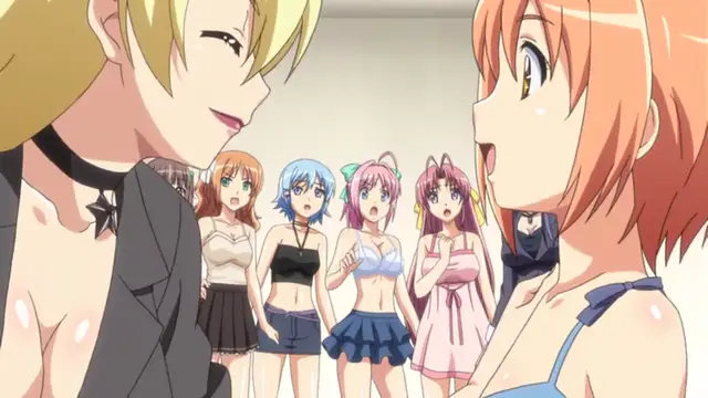 A blonde man with a black choker and open blazer looks down and smirks at an orange-haired girl in a blue bikini, while four other anime girls stand in the background watching them. Screenshot from Tropical Kiss - Episode 2