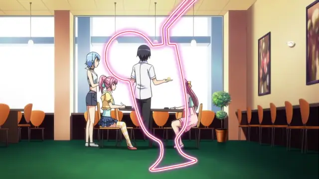 A group of anime girls sits at tables in a lounge area while a man stands in the center, surrounded by a glowing pink neon outline of a phallus. Screenshot from Tropical Kiss - Episode 2