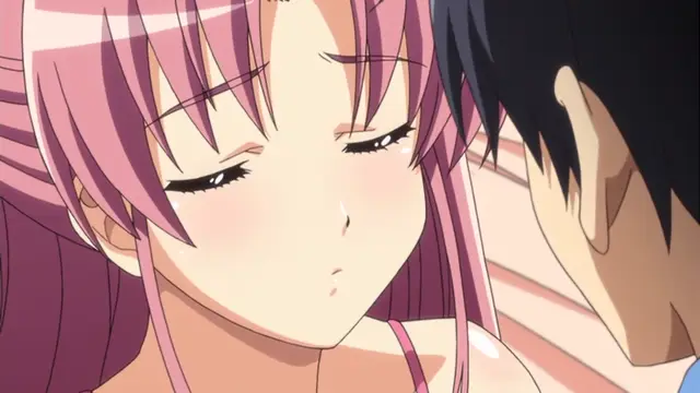 A close-up shot shows a pink-haired anime girl with closed eyes and a blush on her cheeks, leaning into the face of a dark-haired man as they share an intimate, sexual moment. Screenshot from Tropical Kiss - Episode 2
