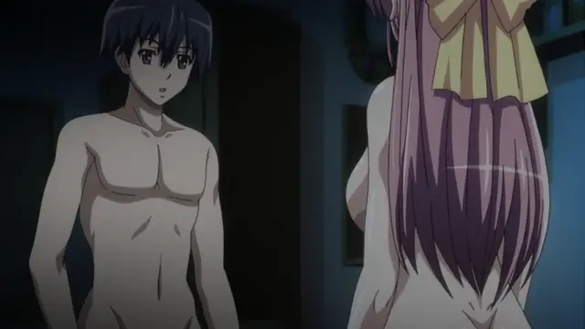 A shirtless anime boy with short blue hair stands in a dimly lit room, looking surprised as he faces a long-haired girl wearing a yellow apron who is exposing her rear. Screenshot from Tropical Kiss - Episode 2