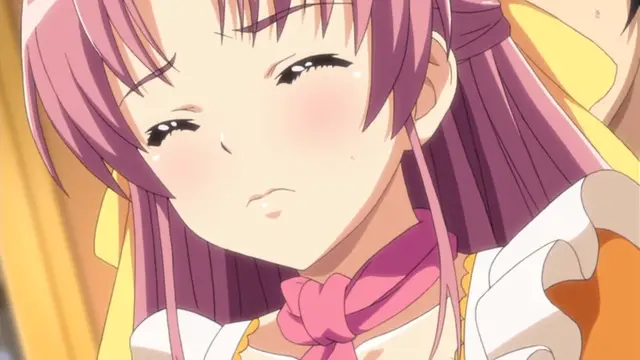 A blushing anime girl with pink hair and a maid outfit looks down with a dazed expression as someone's hands rest on her shoulders. Screenshot from Tropical Kiss - Episode 2