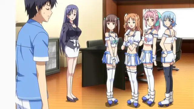 A male anime character stands in a room facing four female anime characters wearing skimpy school uniforms with high white boots, while a woman in a black dress stands to the side, and a subtitle is not present. Screenshot from Tropical Kiss - Episode 2