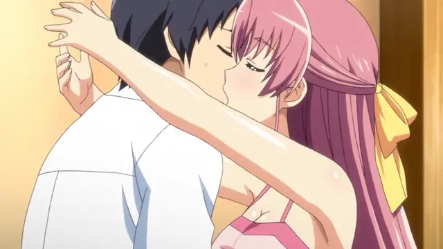 A pink-haired girl in a pink bikini top kisses a dark-haired boy in a white shirt while hugging him from behind a third girl with long pink hair and a yellow bow. Screenshot from Tropical Kiss - Episode 2