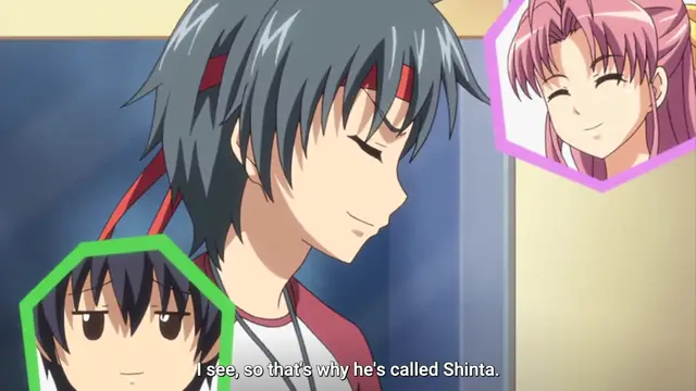 A medium shot features a blue-haired male anime character with closed eyes and a small smile, while two other characters—a woman with pink hair in a purple frame and a boy with dark hair in a green frame—react to him with a subtitle that reads, "I see, so that's why he's called Shinta.". Screenshot from Tropical Kiss - Episode 3