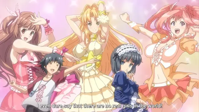 A boy in a white t-shirt stands in the center of a group of girls dressed in elaborate, idol-style costumes, with the subtitle "I even dare say that there are no real girls in the world!" displayed at the bottom. Screenshot from Tropical Kiss - Episode 3