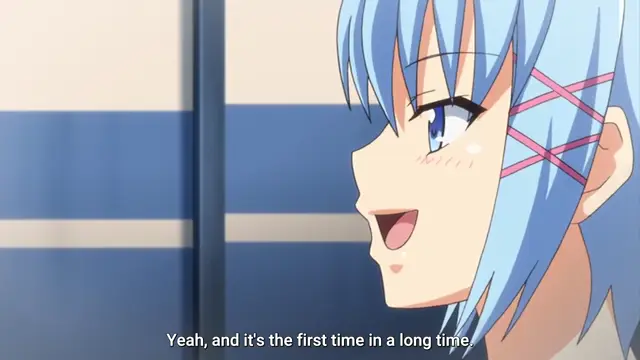 A blue-haired anime girl with pink hair ribbons smiles and looks slightly bashful while saying, "Yeah, and it's the first time in a long time.". Screenshot from Tropical Kiss - Episode 3