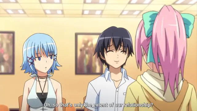 A blue-haired anime girl and a black-haired boy with closed eyes smile at a pink-haired girl from behind while the subtitle reads, "Oh, so that's only the extent of our relationship?". Screenshot from Tropical Kiss - Episode 3