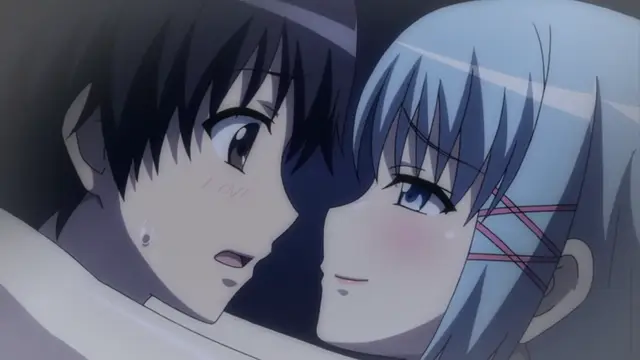 A black-haired man and a blue-haired woman with red ribbons in her hair are looking at each other closely with blushing faces. Screenshot from Tropical Kiss - Episode 3