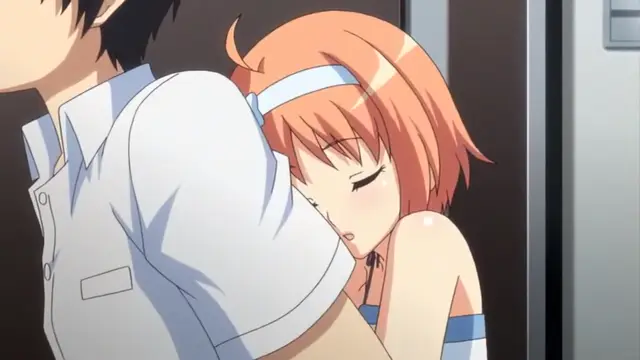 A close-up shot shows a woman with orange hair and a blue headband slumped against a man's back in a white shirt, with her eyes closed and mouth slightly open as if she is unconscious or exhausted. Screenshot from Tropical Kiss - Episode 3