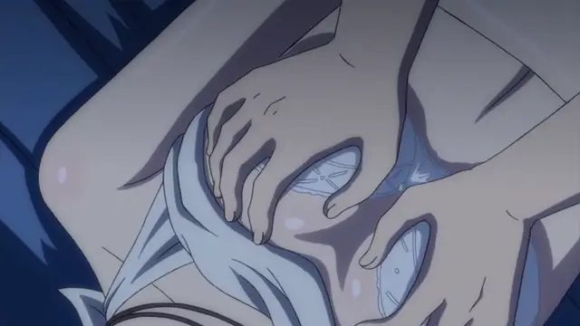 A close-up shot shows a character's hands reaching into the underwear of another character, who is lying down with a blushing face and visible moisture on their chest. Screenshot from Tropical Kiss - Episode 3