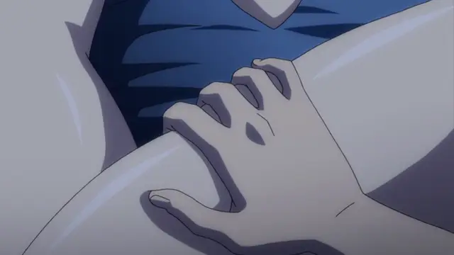 A hand with long fingers rests on a character's large, pale breast in this close-up shot. Screenshot from Tropical Kiss - Episode 3