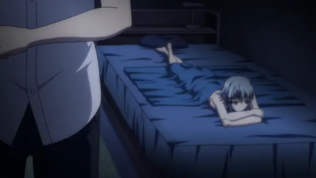 A tall male character with crossed arms stands in the foreground of a dimly lit room, looking down at a blue-haired girl lying face down on a bed. Screenshot from Tropical Kiss - Episode 3