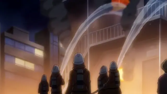 A group of firefighters in full gear spray high-pressure water hoses onto a burning building in a city at night. Screenshot from Tropical Kiss - Episode 3