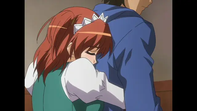A girl with red hair and a white crown-like hair accessory hugs a man in a blue hoodie from the front. Screenshot from Cafe Junkie - Episode 1
