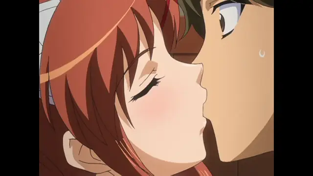 An anime girl with red hair and closed eyes is being kissed on the lips by a surprised-looking man with black hair. Screenshot from Cafe Junkie - Episode 1