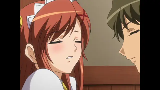 A blushing anime girl with red hair and a white hair accessory stands close to a man with dark hair and a hat, looking down with a slight pout. Screenshot from Cafe Junkie - Episode 1