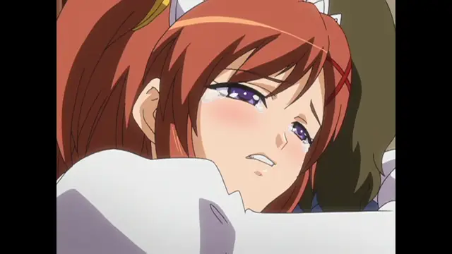 A blushing anime girl with orange hair and purple eyes looks distressed and tearful as she is being f***ed from behind by another person. Screenshot from Cafe Junkie - Episode 1
