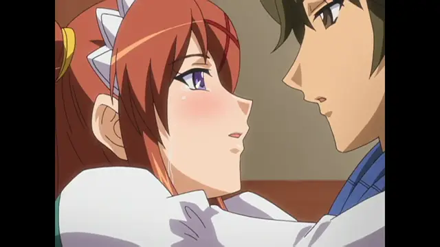 A blushing red-haired girl with a white frilled collar is shown in a close-up face-off with a dark-haired man as they look into each other's eyes. Screenshot from Cafe Junkie - Episode 1