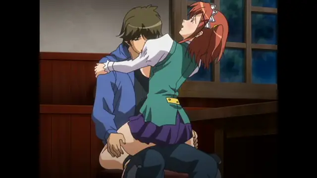 A brown-haired man in a blue jacket sits on a wooden bench while a red-haired girl in a green school uniform leans back against him, her legs spread as he holds her from behind. Screenshot from Cafe Junkie - Episode 1