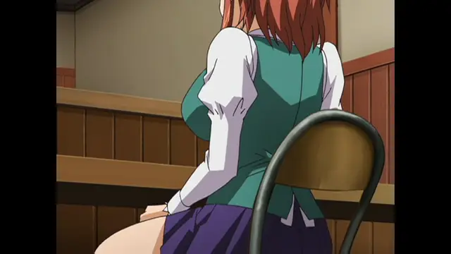 A girl with red hair wearing a green and white school uniform sits on a chair with her back to the viewer, revealing her large breasts from a side profile. Screenshot from Cafe Junkie - Episode 1
