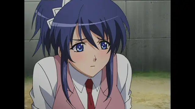 A blue-haired anime schoolgirl with blushing cheeks and a worried expression looks forward while wearing a white shirt, red tie, and pink vest. Screenshot from Cafe Junkie - Episode 1