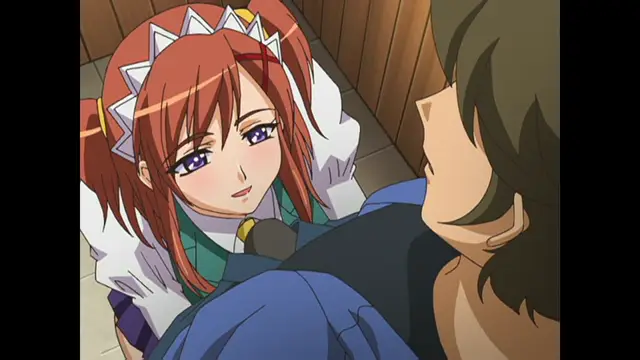 A red-haired girl with purple eyes and a white and green outfit smiles at a man as they lie close together in a wooden room. Screenshot from Cafe Junkie - Episode 1