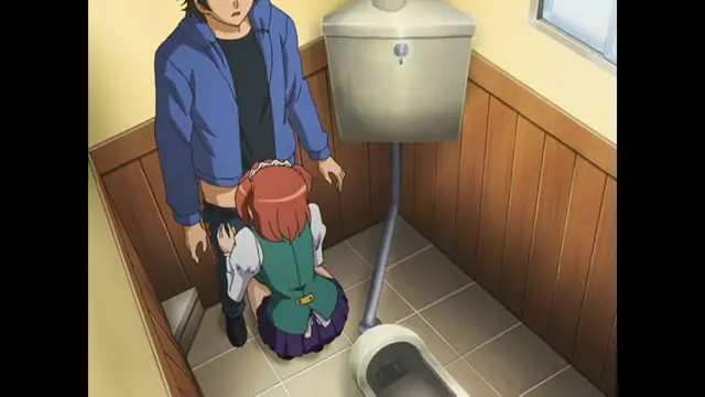 A man in a blue jacket stands over a kneeling girl in a school uniform in a bathroom with a urinal and a sink. Screenshot from Cafe Junkie - Episode 1