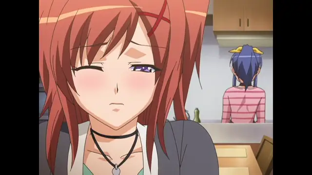 A blushing anime girl with red hair and a choker looks away with a bashful expression while another blue-haired character stands in the background of a kitchen. Screenshot from Cafe Junkie - Episode 2