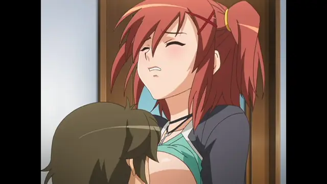 A red-haired anime girl with her eyes closed and mouth open in an expression of pleasure is being penetrated from behind by a dark-haired man in a bedroom setting. Screenshot from Cafe Junkie - Episode 2
