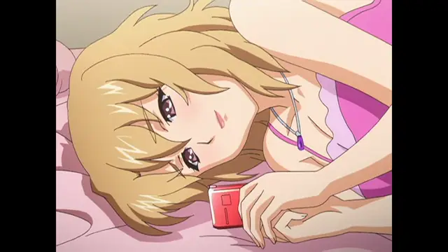 A blonde anime girl in a pink camisole lies on a bed, looking at the viewer with a sleepy expression while holding a red can. Screenshot from Cafe Junkie - Episode 2
