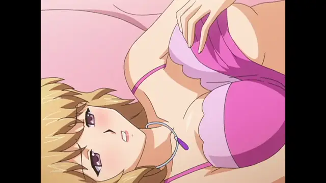 A blonde anime girl with large breasts wears a pink bra and lies on her back with a playful expression and a wink. Screenshot from Cafe Junkie - Episode 2