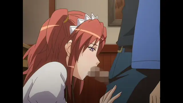 A red-haired anime girl with a white tiara and a white shirt leans forward to perform oral sex on the crotch of a man wearing blue pants. Screenshot from Cafe Junkie - Episode 2