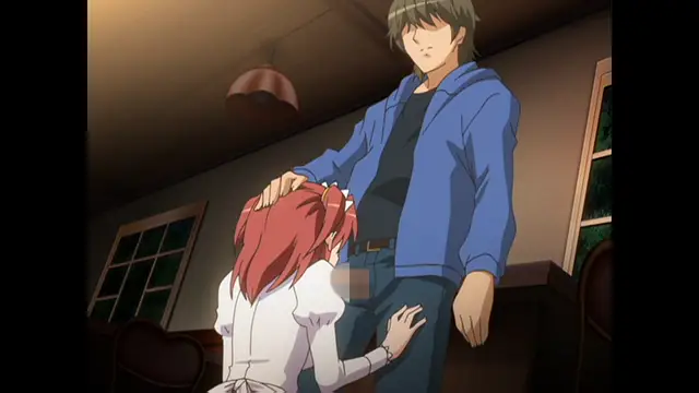 In a dimly lit room, a red-haired girl in a white dress kneels on the floor, holding onto the legs of a man in a blue hoodie who rests his hand on her head while they both have somber expressions. Screenshot from Cafe Junkie - Episode 2