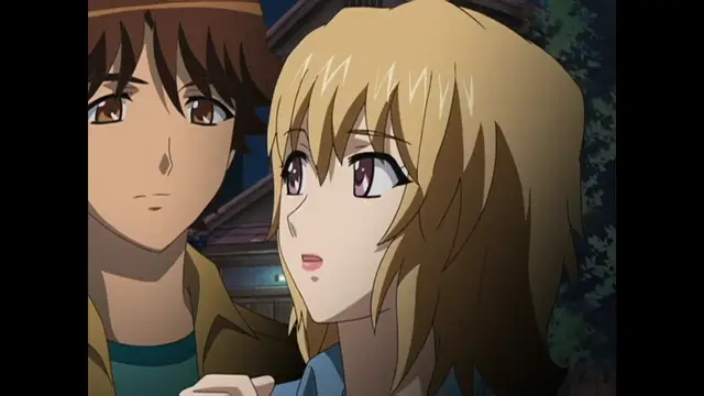 A blonde girl and a brown-haired boy with a headband stand close together in an outdoor setting, looking towards something off-camera. Screenshot from Cafe Junkie - Episode 2