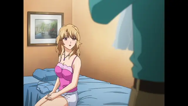 A blonde woman in a pink tank top and white shorts sits on the edge of a bed looking up at a man standing in front of her. Screenshot from Cafe Junkie - Episode 2