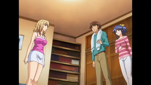 A blonde woman in a pink tank top and white skirt stands opposite a man in a blue jacket and a blue-haired woman in a striped shirt inside a room with a large bookshelf. Screenshot from Cafe Junkie - Episode 2
