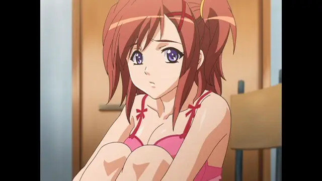A young woman with reddish-brown hair tied in twin tails and large purple eyes sits on the floor wearing a pink bikini, looking towards the viewer with a neutral expression. Screenshot from Cafe Junkie - Episode 2