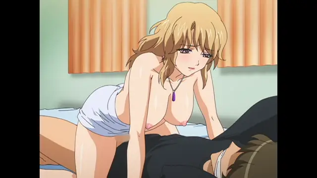 A blonde woman in white panties leans over a man lying on a bed, her large breasts exposed as she looks down at him with a blushing, longing expression. Screenshot from Cafe Junkie - Episode 2