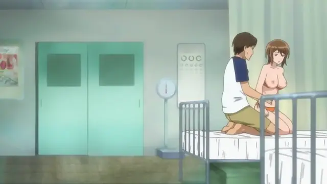 A man in a t-shirt and shorts sits on a bed behind a naked woman who is kneeling and looking over her shoulder at him in a hospital room. Screenshot from Joshikousei no Koshitsuki - Episode 1