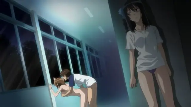 In a dimly lit hallway, a girl in a white t-shirt and purple panties stands in the foreground looking shocked while watching a boy fuck a girl bent over against a row of windows. Screenshot from Joshikousei no Koshitsuki - Episode 1